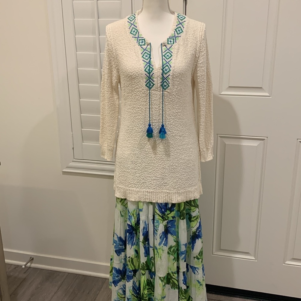 Tommy Bahama cotton sweater tunic with embroidered neckline & tassels ecru M